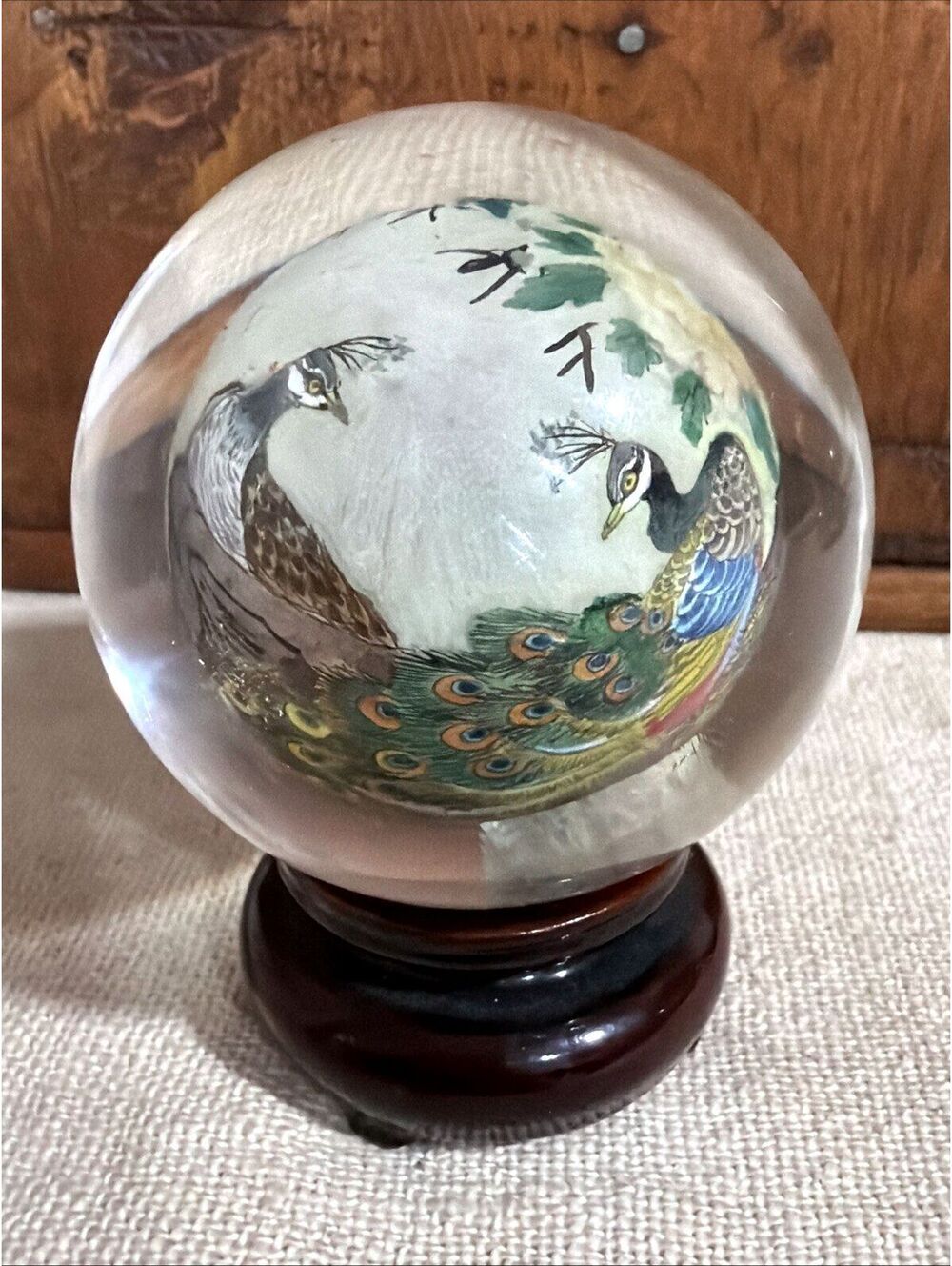 Vintage Chinese Reverse Painted Crystal Ball on Custom Wood Stand Peacocks 2.5”